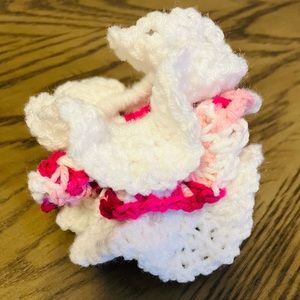 3 Brand new handcrafted pink and white crocheted scrunchies.